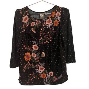 Anthropologie One September Black Embroidered Peasant 3/4 Sleeve Top XS